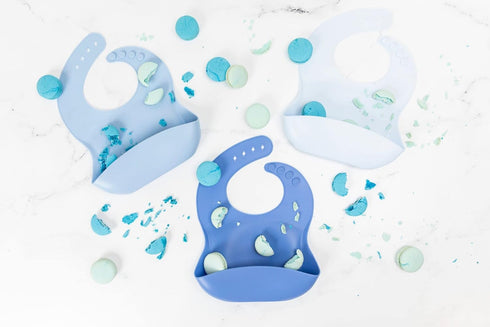Baby Silicone Bibs Set of 3, Muted Blue, Waterproof, Durable, Adjustable for Infant Toddler Feeding