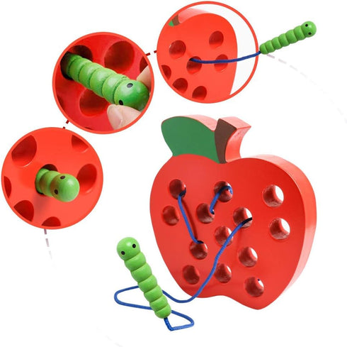 JCREN Wooden Lacing Apple Threading Toys - Wood Lace Block Puzzle Shape Travel Game for 3-5 Years Old Kids