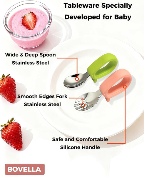 BOVELLA Set Toddler Utensils, Stainless Steel Baby Forks and Spoons with Silicone Handle, Kids Silverware with Portable