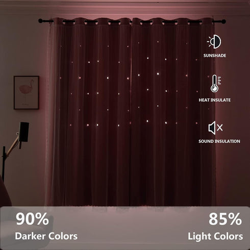 42W 84L,2 Pink Curtains for Girls Bedroom Kids Baby Room Decor Cute Double Layer Star Cutout Curtains Room Darkening