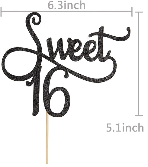 Black Glitter Sweet 16 Cake Topper for 16th Birthday Party Decoration Supplies