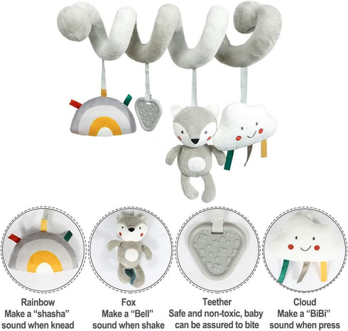 Baby Car Seat Toys, Infant Activity Spiral Plush Hanging Stroller Toys with Squeaker and teether for Car Seat Stroller