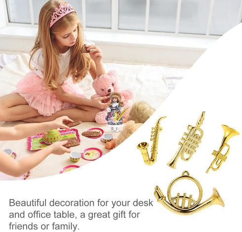 Balacoo 4Pcs Mini Plastic Musical Instrument Dollhouse Model, Gold Trumpet Saxophone Miniature Christmas Tree Decor