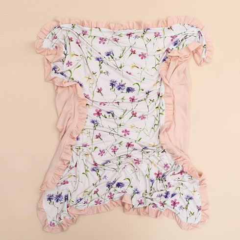 runzhuoyang 40x33 Rayon Made from Bamboo Baby Blanket for Girls, Purple Floral Print, Ruffle Trim, Soft and Comfy, Size