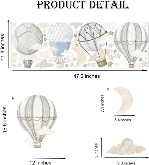 YIMEHDAN Watercolor Hot Air Balloon Wall Decals, Stars Clouds Balloon Vinyl Wall Stickers, Peel and Stick Colorful