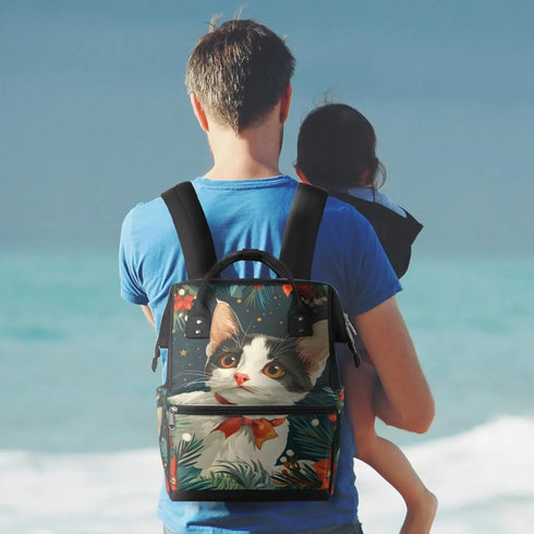 Hsnar Backpack Christmas Cat Flowers Waterproof Diaper Bag Large Capacity Baby Bag with Stroller Straps, Multi-Pocket