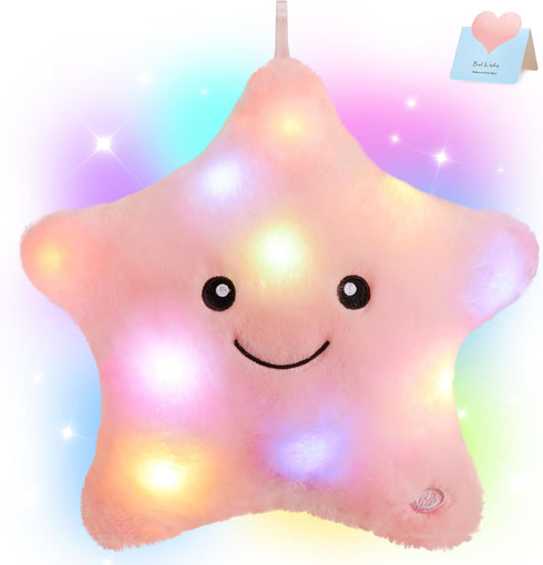 WEWILL 9'' LED Twinkle Star Soft Plush Pillow - Glowing Stuffed Star Light up Pillow with Colorful Night Lights (Pink)