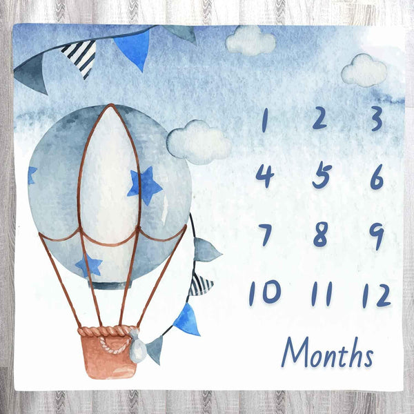 Blue Baby Monthly Milestone Blanket, Cartoon Hot Air Balloon Star, 48x40 Inches