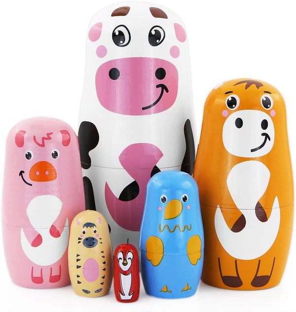 Winterworm Set of 6 Farm Animal Nesting Dolls, Wooden Russian Doll Matryoshka for Easter Christmas Birthday Gift