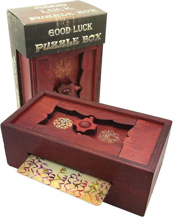 Good Luck Puzzle Box Secret, Money and Gift Card Holder, Wooden Magic Trick Lock with Hidden Compartment