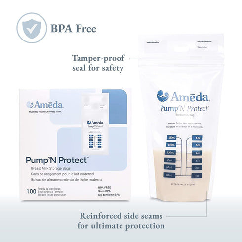 Ameda Pump'N Protect Breastmilk Storage Bag 6oz | 100 Count | Breast Milk Storage Bags for Refrigerator or Freezer | BPA Free | Breastfeeding Essentials | Breastfeeding Supplies