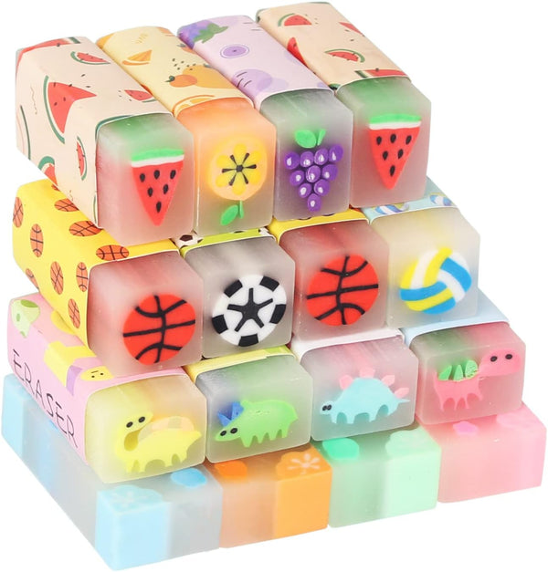 Cute Erasers for Kids Bulk - 16 Pack Animal Food Fun Desk Pets for School Supplies