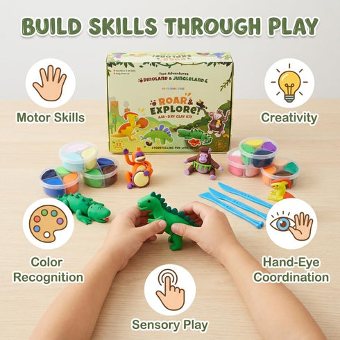 OBVIO HOME 12 Set, Air Dry Clay for Kids - Dinosaur & Jungle Designs Modeling Clay Kit - Model Sculpting Ultra Soft