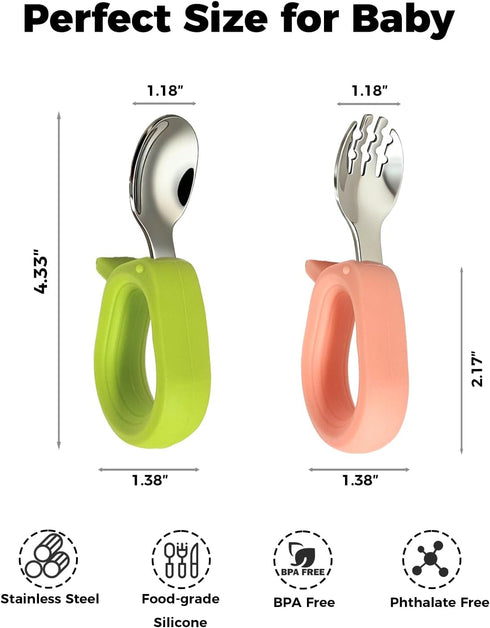 BOVELLA Set Toddler Utensils, Stainless Steel Baby Forks and Spoons with Silicone Handle, Kids Silverware with Portable