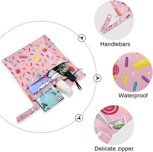 Haskirky 2 Ice Pream with Sprinkles Pcs Cloth Diaper Wet Dry Bags,Waterproof and Washable Bag for Travel Reusable Wet