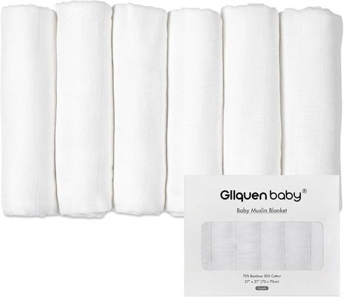 GLLQUEN Baby Receiving Blanket, Cotton Muslin Swaddle Blankets, 6 Pack Breathable & Soft for Newborns (White)