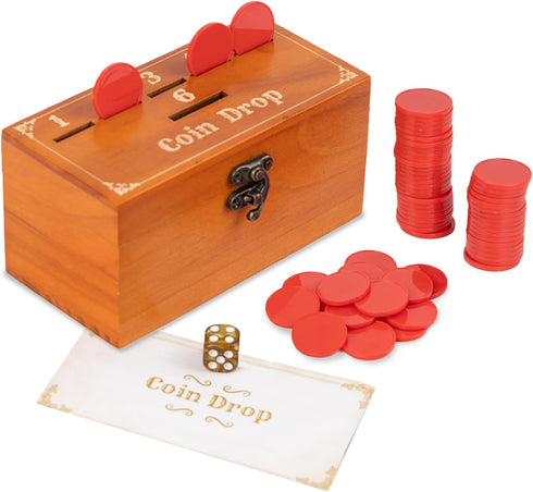 Wooden Penny Game, Coin Drop Game with 50 Coins, Wooden Game Box and 1 Dice for Family Fun Interaction