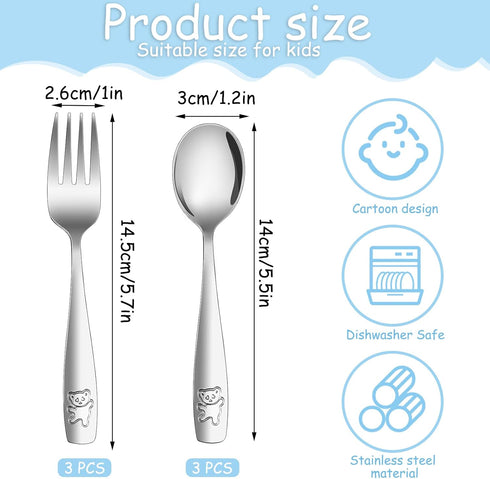 Pimoys 6 Pieces Stainless Steel Toddler Utensils Set, Kids Silverware Forks & Spoons, 3 x Child Forks, 3 x Children