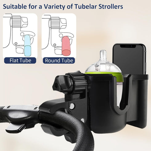 360Rotatable Universal Stroller Cup Holder with Phone Holder, Bottle Holder with Strong Clip, Accessories for Stroller