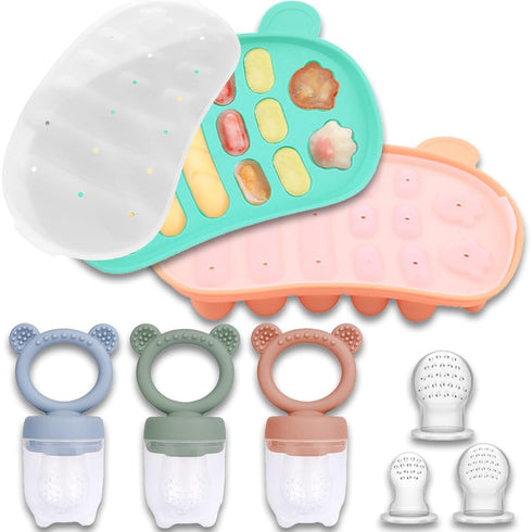 JEXFUN Silicone Baby Fruit Food Feeder Pacifier & Freezer Tray Set, Breastmilk