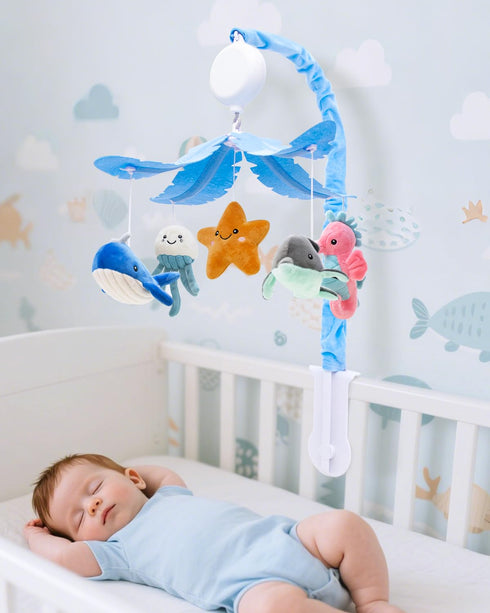 35 3 FEISIKE Baby Crib Mobile with Lullabies, Modes Rotation & Music, Adjustable Volume, Nursery Decor for Boys