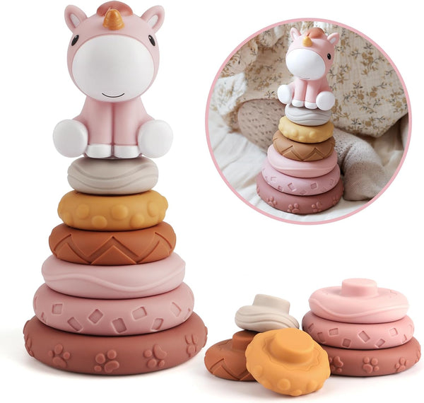 Nueplay 7 Pcs Stacking & Nesting Baby Toys, Squeeze Teething Toys with Pink Horse Figure, Newborn Essentials