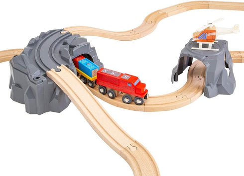 ORBRIUM Lift and Load Wooden Train Set - Magnetic Crane, Helicopter, Diesel Engine, Semi-Truck, Shipping Container,