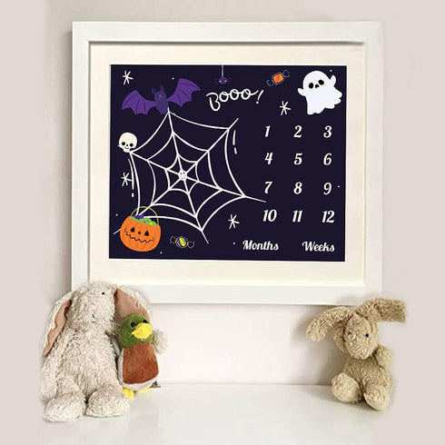 Halloween Theme Baby Monthly Milestone Blanket, 48x40in Soft Flannel, Ghost and Pumpkin Background