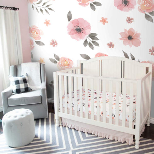 Pink Floral Girl Crib Sheet - 100% Combed Cotton, Breathable Watercolor Rose Baby Girl Crib Sheets