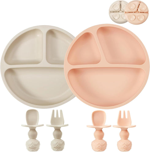 PandaEar 2 Pack Silicone Divided Suction Plates with 2 Spoons and 2 Forks for Babies & Toddlers, Pink & Linen