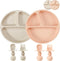 PandaEar 2 Pack Silicone Divided Suction Plates with 2 Spoons and 2 Forks for Babies & Toddlers, Pink & Linen