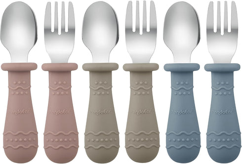 PandaEar Toddler Utensils, 6 Pack Kids Silverware Set - 18/8 Stainless Steel & Food Grade Silicone Spoons and Forks