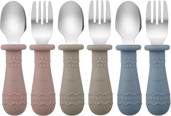 PandaEar Toddler Utensils, 6 Pack Kids Silverware Set - 18/8 Stainless Steel & Food Grade Silicone Spoons and Forks