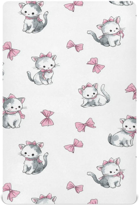 Vdsrup Crib Sheets for Boys Girl Cat Pink Bow Neutral Mini Crib Mattress
