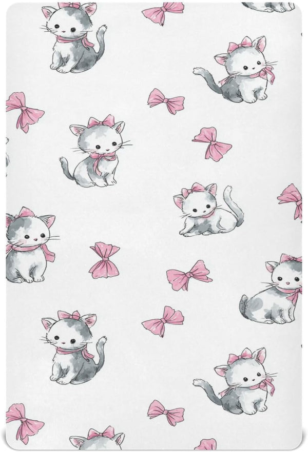 Vdsrup Crib Sheets for Boys Girl Cat Pink Bow Neutral Mini Crib Mattress