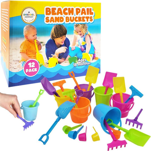 The Dreidel Company Mini Beach Playsets, Play Set Includes 1 Sand Bucket, 1 Shovel, 1 Rake, and 1 Scoop, Birthday Treats for Boys and Girls, Party Favors for Kids and Toddlers (12-Pack)