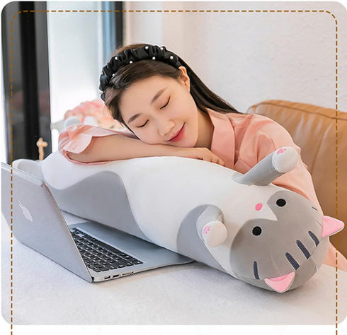 Long Gray Cat Plush Pillow Toy - Cute Cartoon Cat Stuffed Animal, Soft Long Body Pillow Gift for Kids (35.43in)