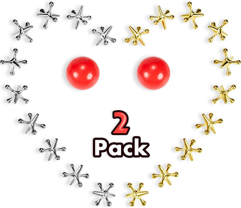Gejoy 2 Sets Metal Jacks Game with Ball 2 Pieces Red Rubber Balls
