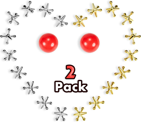 Gejoy 2 Sets Metal Jacks Game with Ball 2 Pieces Red Rubber Balls
