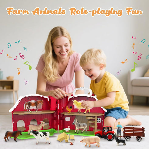 1-3, Playset 2 3 4 5 Red Barn Toys for Toddlers Farm Animal Figures with Tractor for Year Old Kids, Musical Preschool
