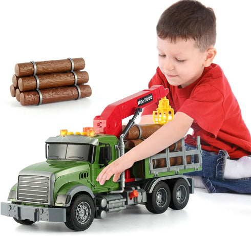 Timber Transport Truck Toddler Toy, 15-inch Logging Truck with Sounds and Lights, Birthday Gift for Kids Ages 3-6