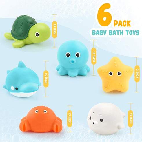 PUPTILY 6 Pack Set 1-3 Bath Toys No Hole Baby Bathtub Toys Soft Squeezable & Float on Water Easy-Grip Toddler Bath Toy
