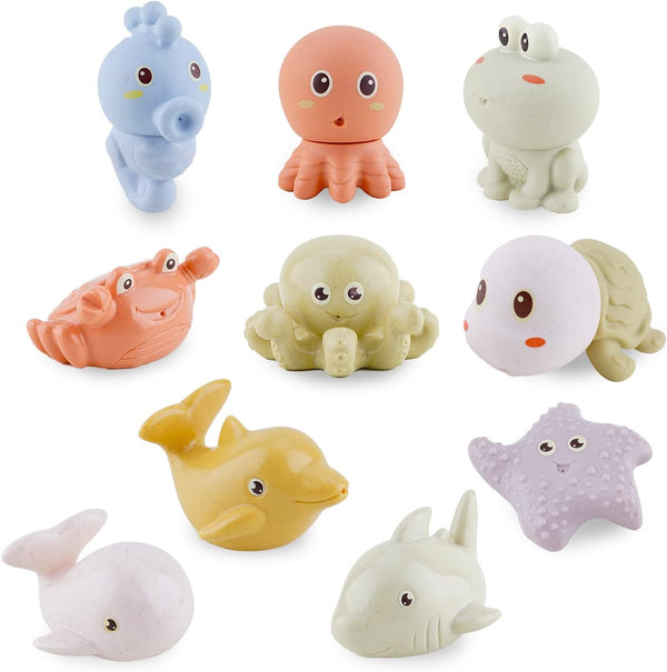 10PCS Bath Toys for Babies 6-12 Months - Silicone Ocean Animals Bathtub Float Toy for Water Play and Learning Skills