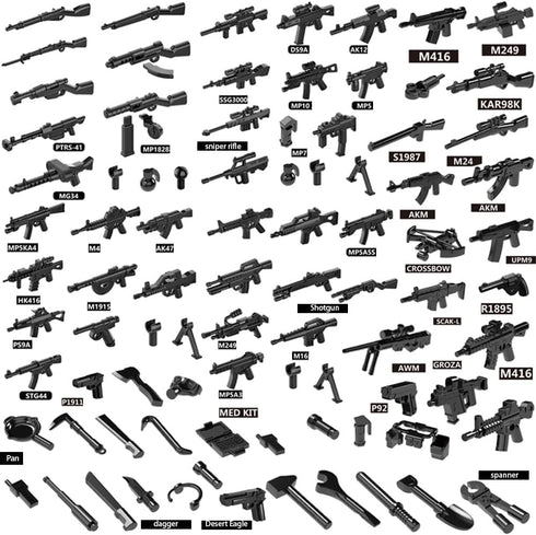 Ulanlan Pack 6 80 Military Weapons Guns and Accessories for Minifigures, Custom Military War Gears Building Blocks Toy