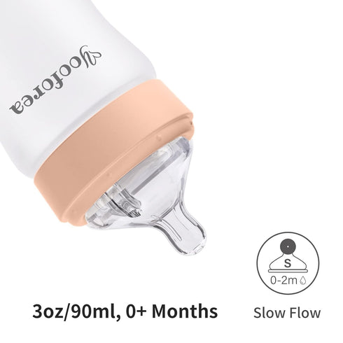 0M+ (2 Pack, 3 Yooforea Silicone Coated Glass Baby Bottle, Slow Flow Nipple I Anti-Colic, Wide Neck, Stable Base I