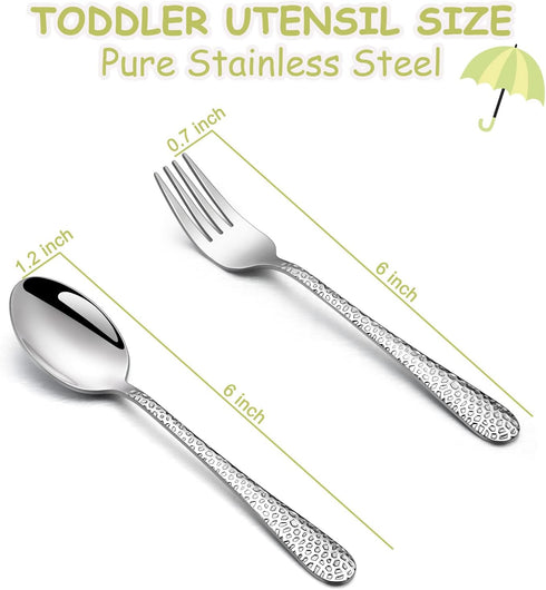 TeamFar Child Utensils, Stainless Steel Kids Silverware Children Spoons & Forks for Self Feeding at Home & Preschool, Healthy, Mirror Polished & Hammered Handle, Dishwasher Safe, Set of 6 by TeamFar