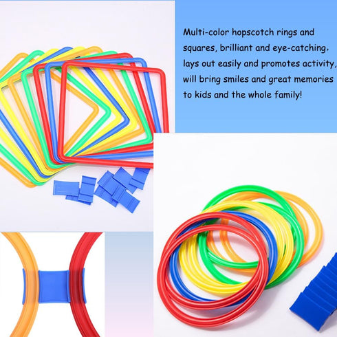 Hopscotch Squares and Ring Games - 11in/15in with 25 Connectors for Kids - Balance Agility Training Obstacle Course