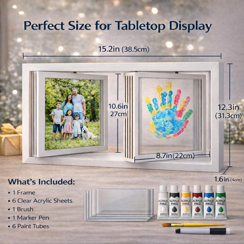 Family Handprint Frame Kit, Dual Rotating Photo & Handprint Display, DIY Keepsake Craft with Wooden Frame, Non-Toxic