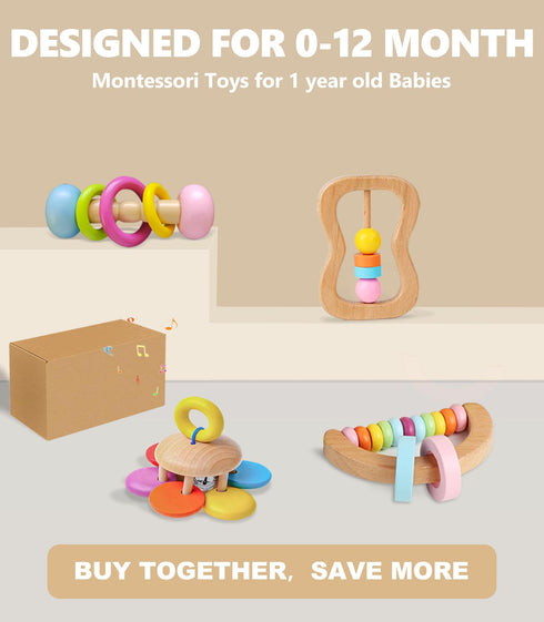 4 PCS Wooden Baby Rattle Set, Organic Colorful Rattles for Babies 0-12 Months, Wooden Teether Crochet Toy
