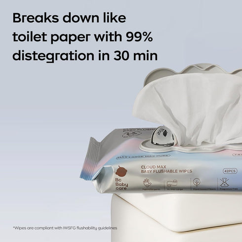 99% 42 3 Packs Bc Babycare Cloud Max Flushable Wipes, Hypoallergenic for Sensitive Skin, Water, Plant-Based Fibers